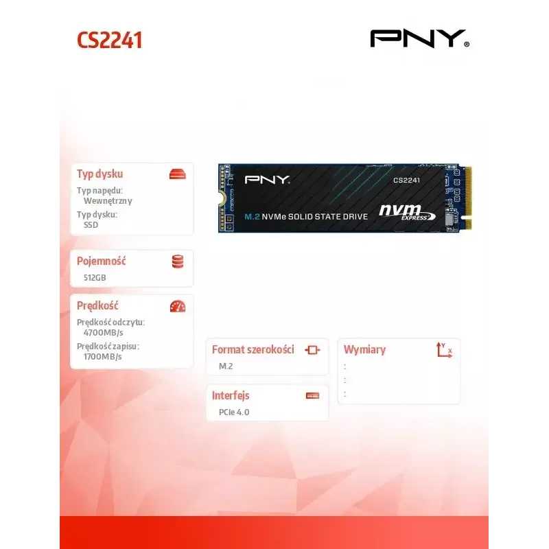 Dysk SSD wewnętrzny PNY M.2 2280 512 GB M280CS2241-512-BLK, SATA/NVMe nieokreślony