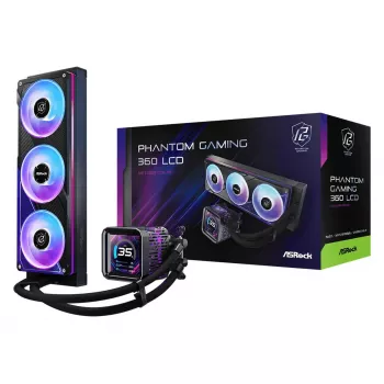 Zestaw chłodzenia cieczą ASRock Phantom Gaming 360 LCD — wentylatory 120 mm, LGA1700/AM5/AM4, czarny