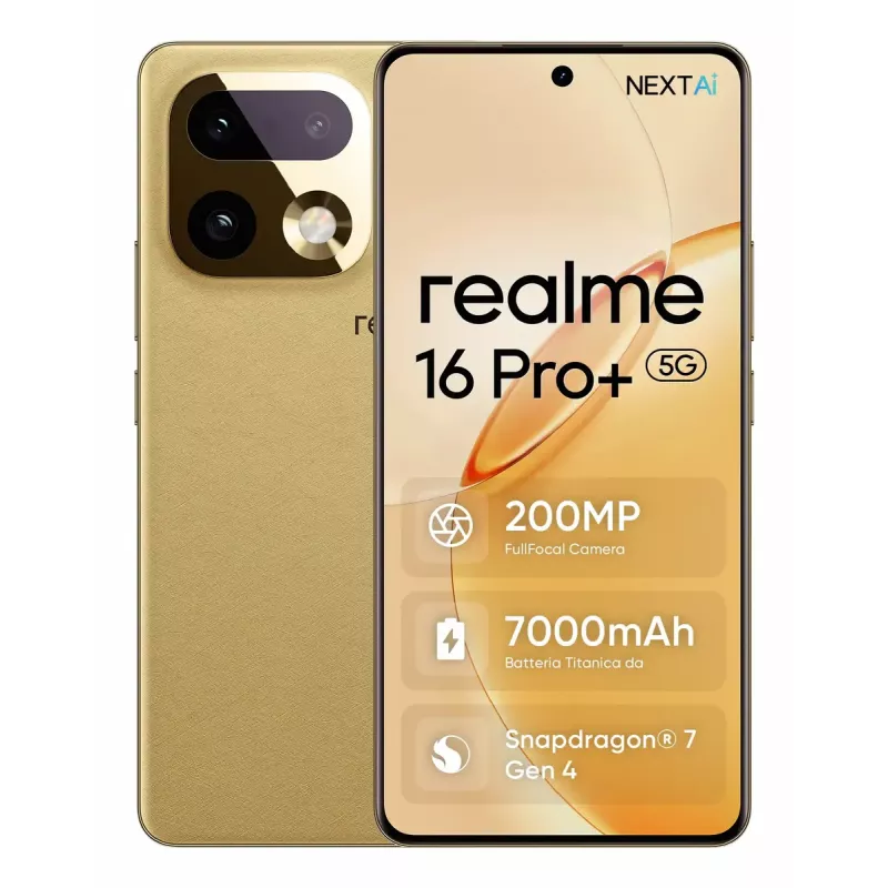 Smartphone REALME realme 16 Pro+ — 6.8 cala (17,3 cm) 1280×2800, Snapdragon 7 Gen 4, 12 GB RAM, 512 GB, 200 MP, 7000 mAh, Złoty