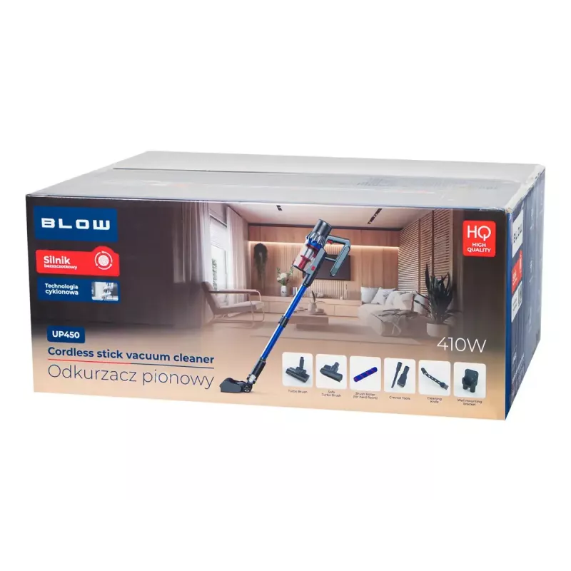 Odkurzacz pionowy BLOW UP450, bezworkowy, wyjmowany akumulator 25,9 V, pojemnik na kurz 0,8 l, filtr HEPA, 3 poziomy mocy, stacja ładująca, LED, 3,2 kg