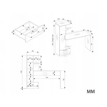 Zestaw biurko z regałem top e shop COSMO Dąb Rzemieślniczy — Blat 115×50 cm, Szerokość 1430 mm, Wysokość 1400 mm, Głębokość 500 mm, 1 szuflada