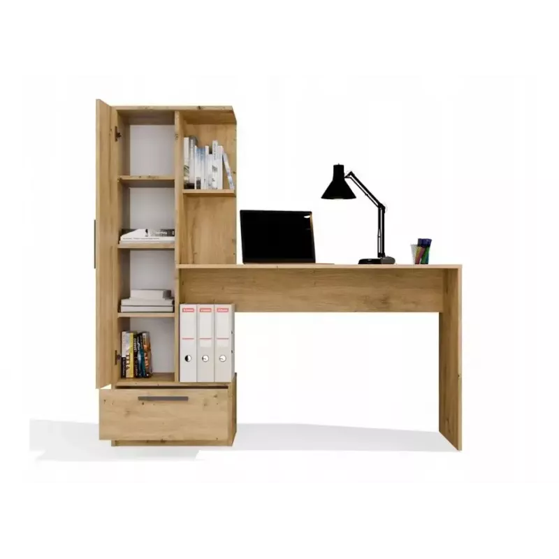 Zestaw biurko z regałem top e shop COSMO Dąb Rzemieślniczy — Blat 115×50 cm, Szerokość 1430 mm, Wysokość 1400 mm, Głębokość 500 mm, 1 szuflada