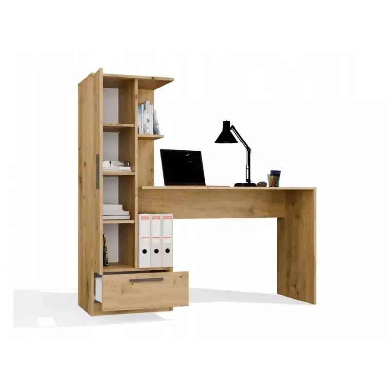 Zestaw biurko z regałem top e shop COSMO Dąb Rzemieślniczy — Blat 115×50 cm, Szerokość 1430 mm, Wysokość 1400 mm, Głębokość 500 mm, 1 szuflada