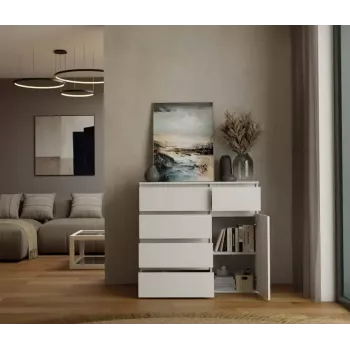 Komoda top e shop MALWA 1D5S, 5 szuflad, 1 drzwi uchylne, biała, 1000×400×930 mm, płyta wiórowa