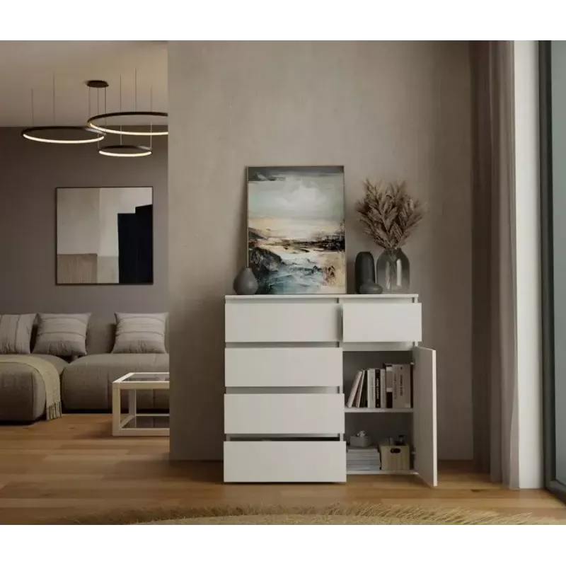 Komoda top e shop MALWA 1D5S, 5 szuflad, 1 drzwi uchylne, biała, 1000×400×930 mm, płyta wiórowa