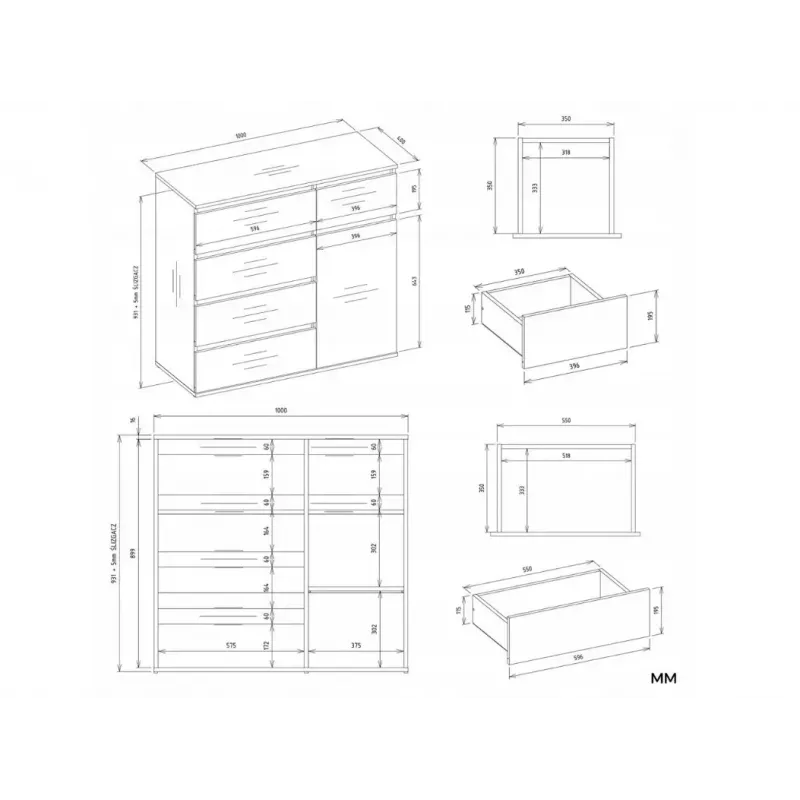 Komoda top e shop MALWA 1D5S, 5 szuflad, 1 drzwi uchylne, biała, 1000×400×930 mm, płyta wiórowa