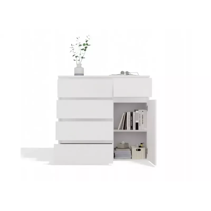 Komoda top e shop MALWA 1D5S, 5 szuflad, 1 drzwi uchylne, biała, 1000×400×930 mm, płyta wiórowa