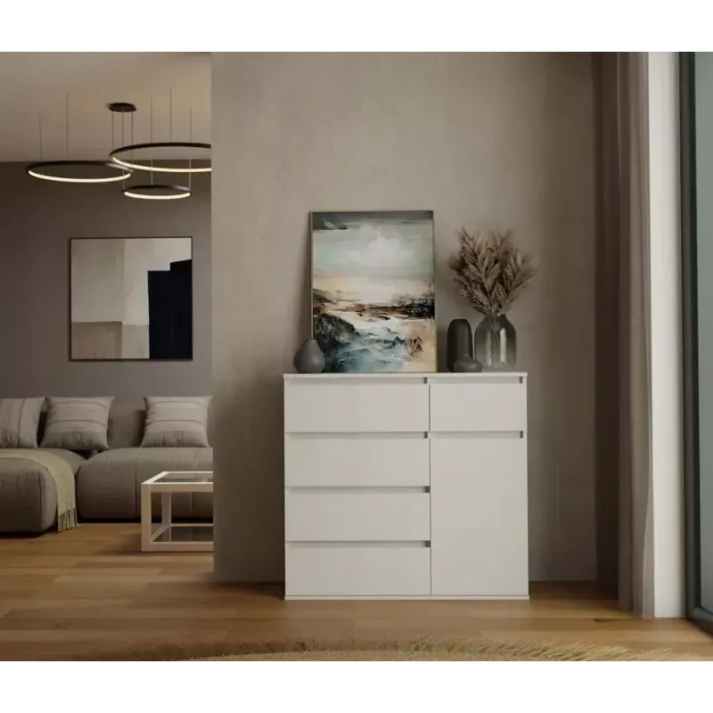 Komoda top e shop MALWA 1D5S, 5 szuflad, 1 drzwi uchylne, biała, 1000×400×930 mm, płyta wiórowa