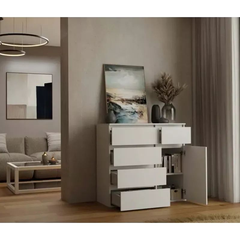 Komoda top e shop MALWA 1D5S, 5 szuflad, 1 drzwi uchylne, biała, 1000×400×930 mm, płyta wiórowa