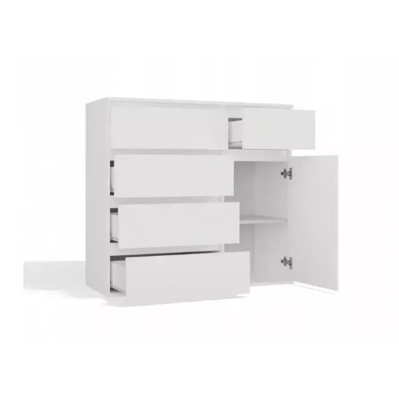 Komoda top e shop MALWA 1D5S, 5 szuflad, 1 drzwi uchylne, biała, 1000×400×930 mm, płyta wiórowa