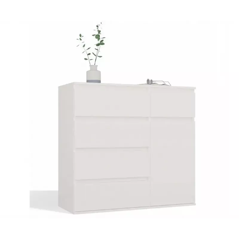 Komoda top e shop MALWA 1D5S, 5 szuflad, 1 drzwi uchylne, biała, 1000×400×930 mm, płyta wiórowa