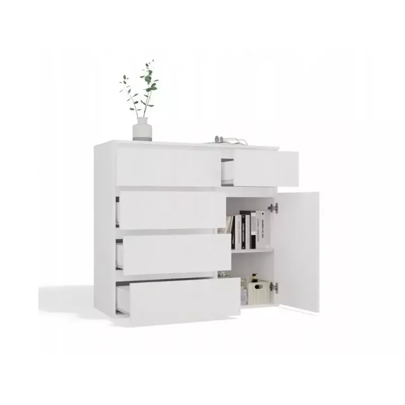 Komoda top e shop MALWA 1D5S, 5 szuflad, 1 drzwi uchylne, biała, 1000×400×930 mm, płyta wiórowa