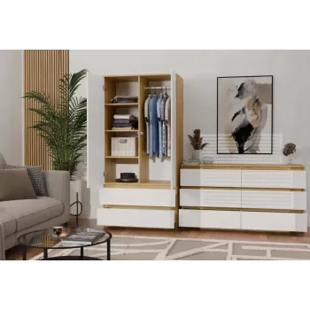 Szafa górna e-sklep MALWA SS-90, 900×500×1800 mm, rama z dębu rzemieślniczego, białe drzwi uchylne, 2 szuflady, płyta wiórowa