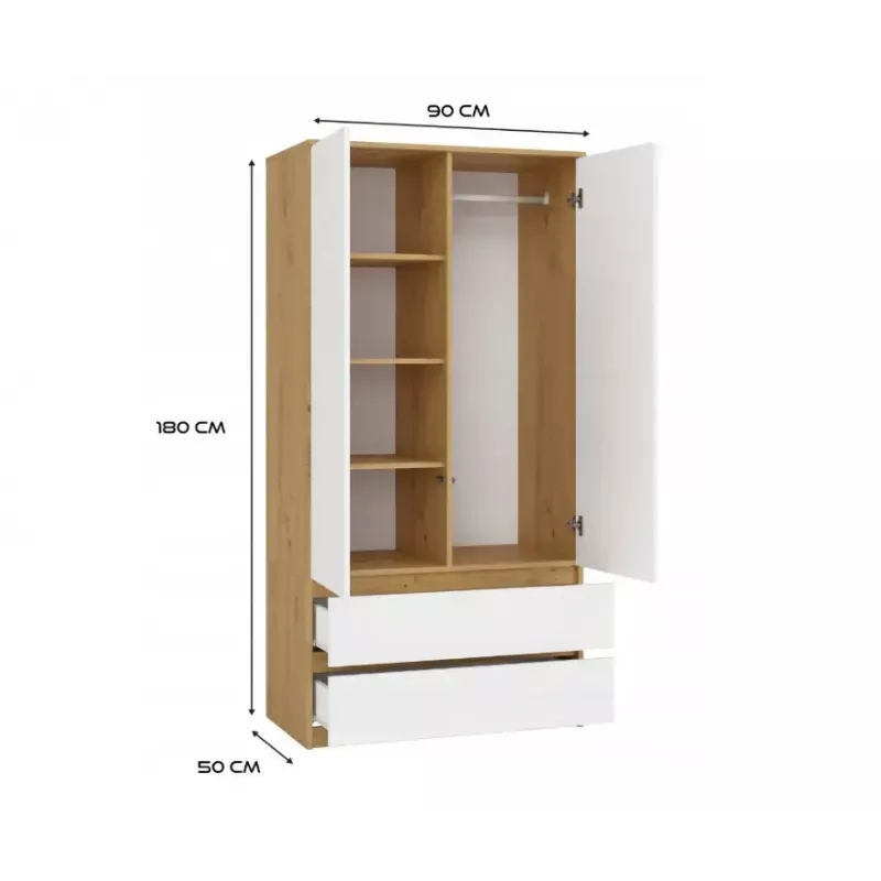 Szafa górna e-sklep MALWA SS-90, 900×500×1800 mm, rama z dębu rzemieślniczego, białe drzwi uchylne, 2 szuflady, płyta wiórowa