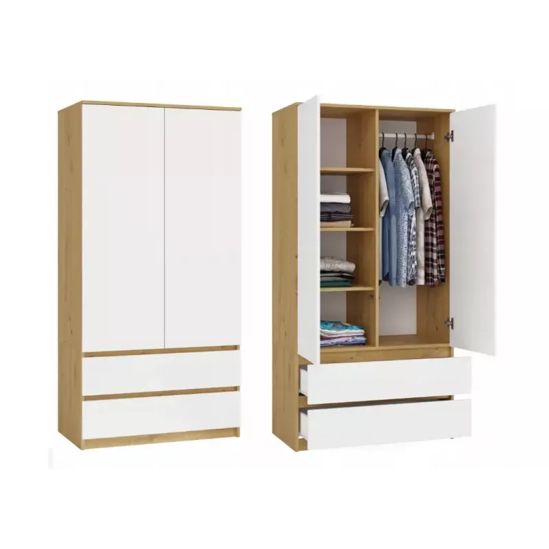 Szafa górna e-sklep MALWA SS-90, 900×500×1800 mm, rama z dębu rzemieślniczego, białe drzwi uchylne, 2 szuflady, płyta wiórowa