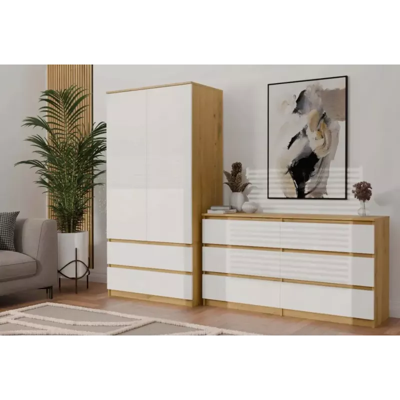 Szafa górna e-sklep MALWA SS-90, 900×500×1800 mm, rama z dębu rzemieślniczego, białe drzwi uchylne, 2 szuflady, płyta wiórowa