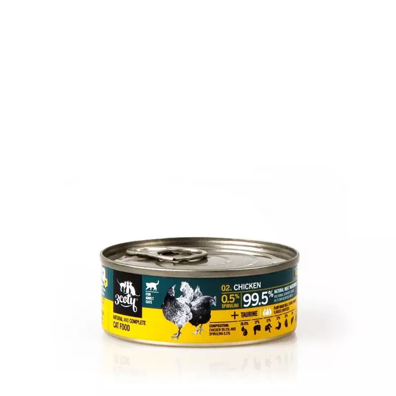 Mokra karma dla kota 3coty Kurczak ze spiruliną 80 g — pełnoporcjowa karma w puszce dla dorosłych kotów