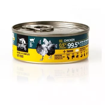 Mokra karma dla kota 3coty Kurczak ze spiruliną 80 g — pełnoporcjowa karma w puszce dla dorosłych kotów