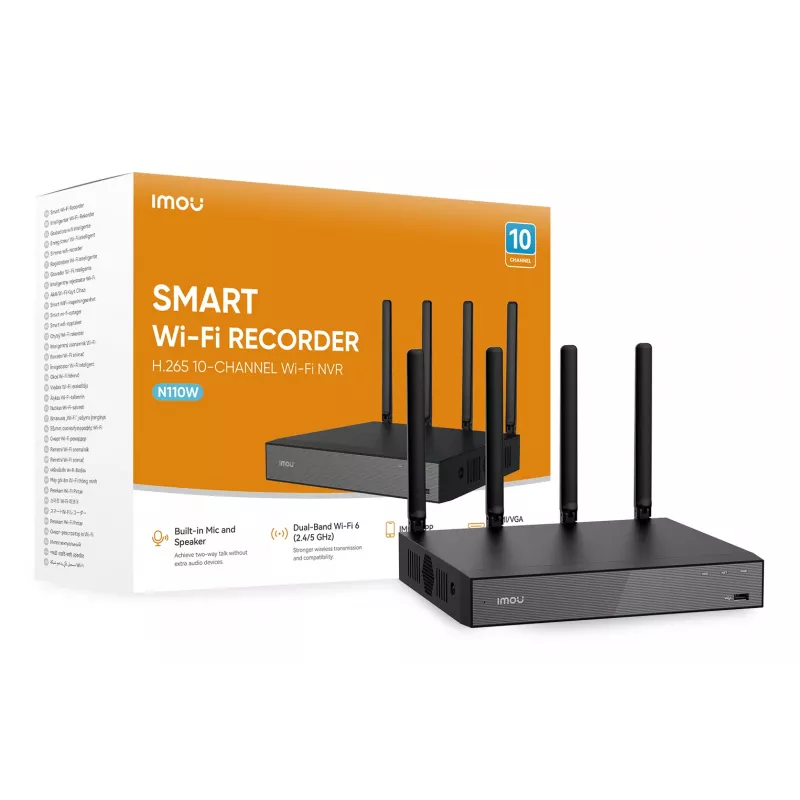 Sieciowy rejestrator wideo IMOU N110W - 10-kanałowy NVR Wi-Fi 6, maks. 2592x1944, dwuzakresowe Wi-Fi, obsługa dysku SATA do 16 TB, Ethernet 10/100, czarny