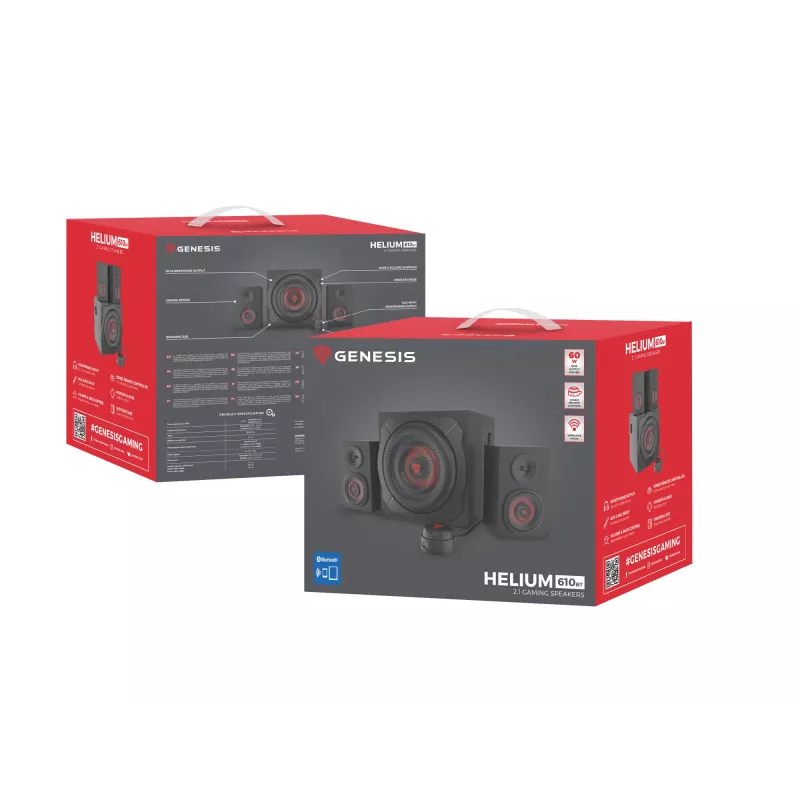 Zestaw głośnikowy GENESIS Helium 610BT 2.1, 60 W RMS, Bluetooth, przewodowy, czerwony/czarny, kompaktowy subwoofer