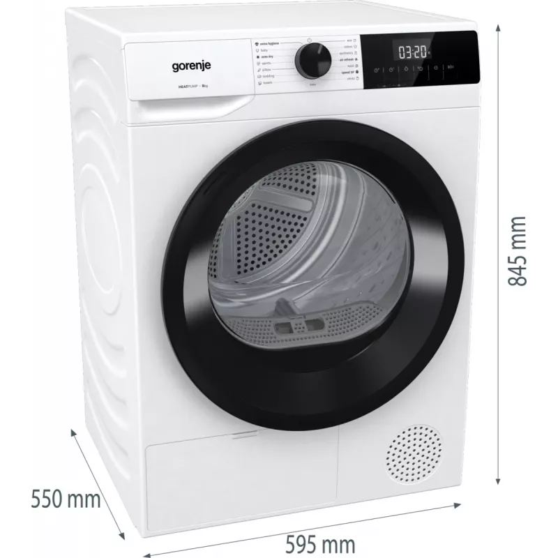 Gorenje Torktumlare DHNE82 BK040, wolnostojąca, ładowanie od przodu, pompa ciepła, biały, przyciski, pokrętło, prawe