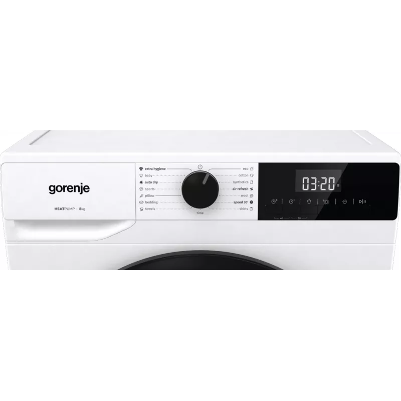 Gorenje Torktumlare DHNE82 BK040, wolnostojąca, ładowanie od przodu, pompa ciepła, biały, przyciski, pokrętło, prawe