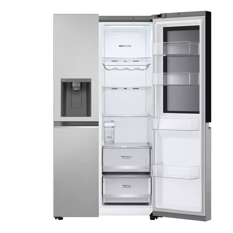 Lodówka side-by-side LG GSGV81PYLL, łączna pojemność 635 L, chłodziarka 416 L, zamrażarka 219 L, metaliczny srebrny