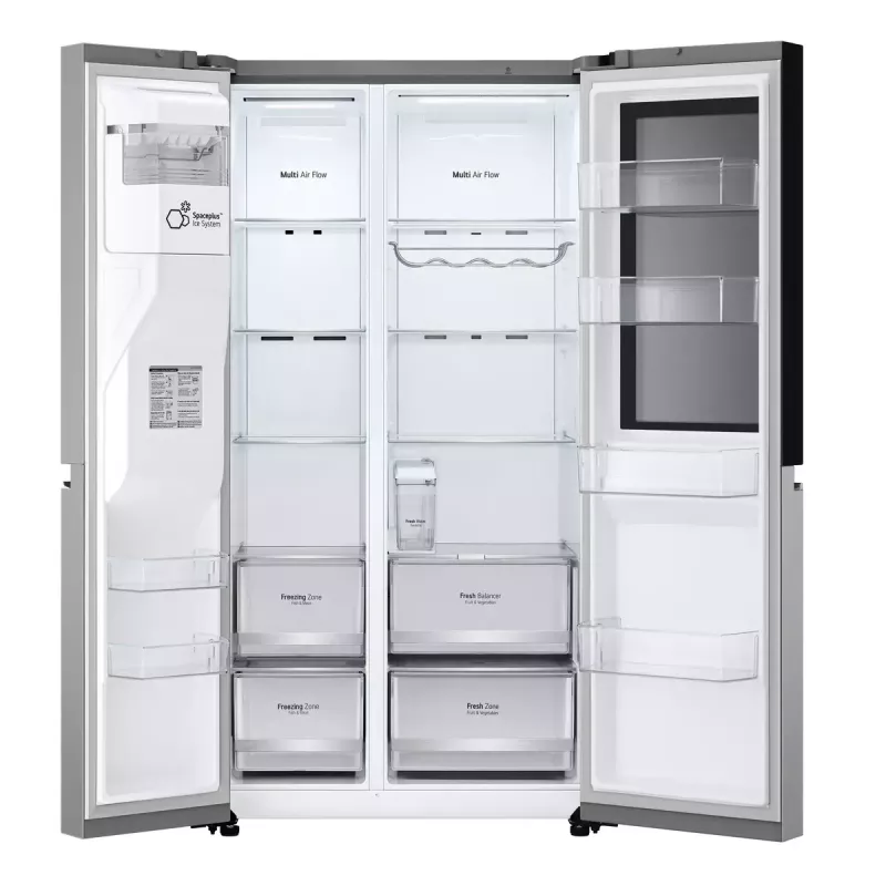 Lodówka side-by-side LG GSGV81PYLL, łączna pojemność 635 L, chłodziarka 416 L, zamrażarka 219 L, metaliczny srebrny