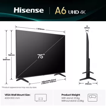 Hisense 75A6Q TV 190.5 cm (75 cali) 4K Ultra HD Smart TV Wi-Fi Czarny