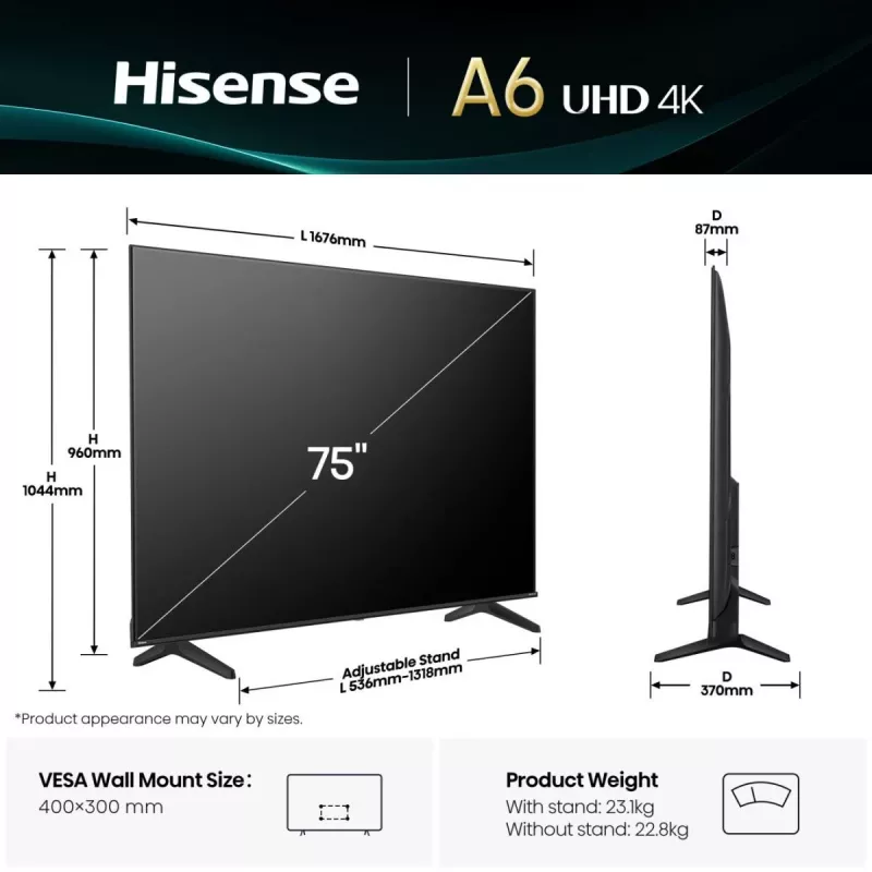 Hisense 75A6Q TV 190.5 cm (75 cali) 4K Ultra HD Smart TV Wi-Fi Czarny