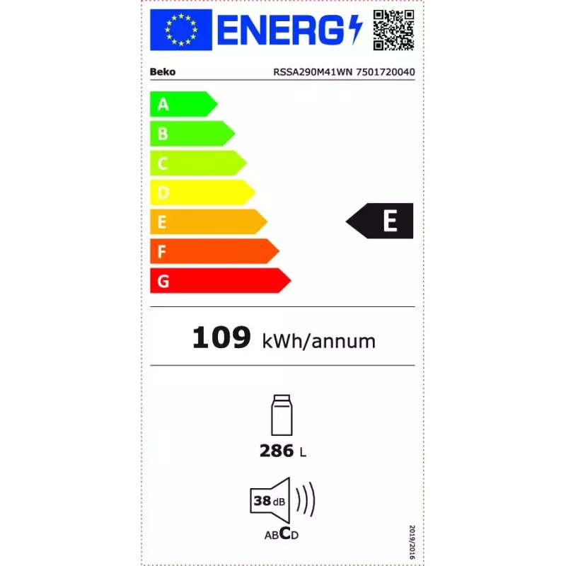 Wolnostojąca lodówka BEKO RSSA290M41WN — pojemność 286 L, klasa energetyczna E, 38 dB, biała