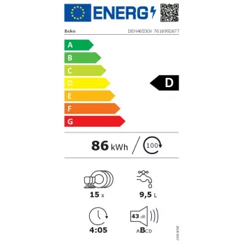 Zmywarka wolnostojąca BEKO DEN48530X, 15 kompletów, 8 programów, 44 dB, 598×850×600 mm