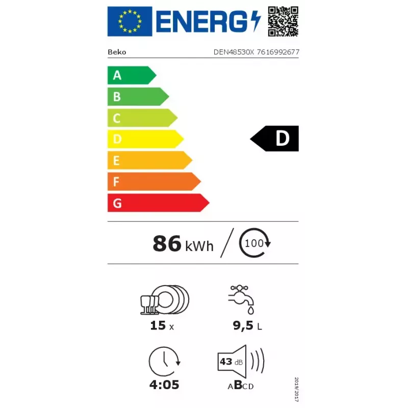 Zmywarka wolnostojąca BEKO DEN48530X, 15 kompletów, 8 programów, 44 dB, 598×850×600 mm