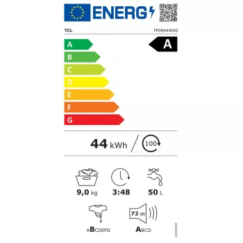 Pralka TCL FP0944WA0 — ładowanie od przodu, 9 kg, 1400 obr./min, klasa A, wyświetlacz LED, para, 60×56×85 cm, biała