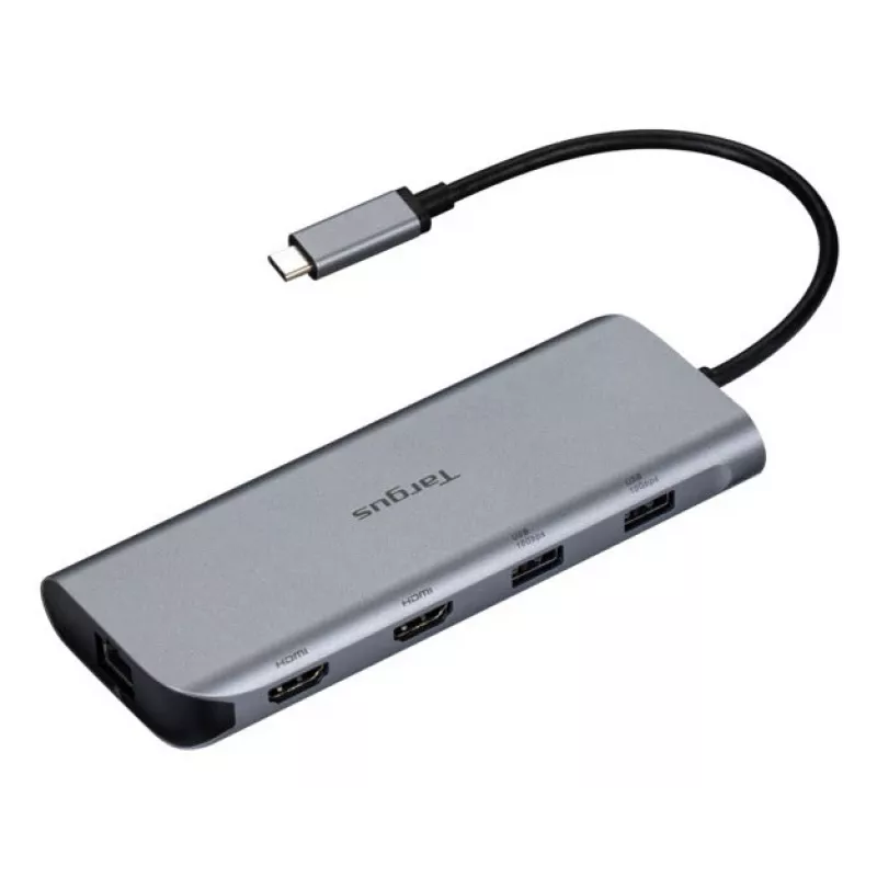 Targus Dual Video Mobile Dock z zasilaniem przejściowym EPR 140 W, przewodowa, USB 3.2 Gen 2 (3.1 Gen 2) Type-C, 140 W, 1000 Mbit/s, szara, 10 Gbit/s