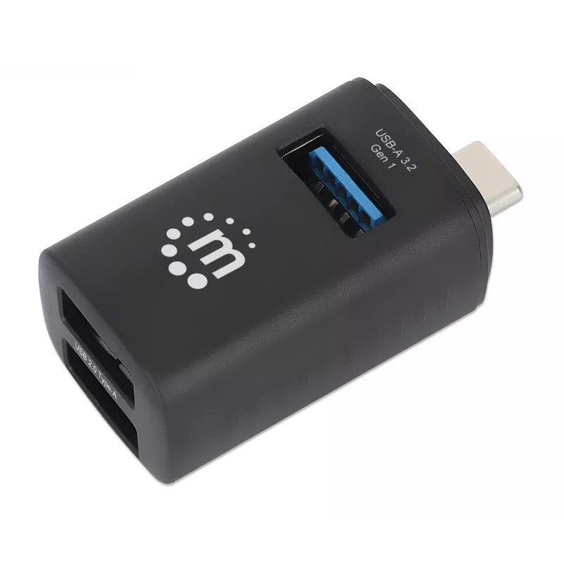Manhattan USB-C 3-Port Hub, ULTRA KOMPAKTOWY, 3x porty USB-A (1x 5 Gb/s USB 3.2 Gen1, znany jako USB 3.0, 2x 480 Mb/s USB 2.0), zasilany przez USB (nie wymaga zewnętrznego zasilacza)