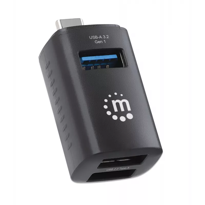 Manhattan USB-C 3-Port Hub, ULTRA KOMPAKTOWY, 3x porty USB-A (1x 5 Gb/s USB 3.2 Gen1, znany jako USB 3.0, 2x 480 Mb/s USB 2.0), zasilany przez USB (nie wymaga zewnętrznego zasilacza)