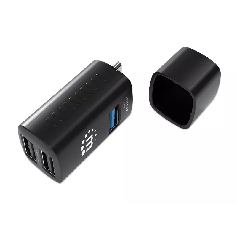 Manhattan USB-C 3-Port Hub, ULTRA KOMPAKTOWY, 3x porty USB-A (1x 5 Gb/s USB 3.2 Gen1, znany jako USB 3.0, 2x 480 Mb/s USB 2.0), zasilany przez USB (nie wymaga zewnętrznego zasilacza)