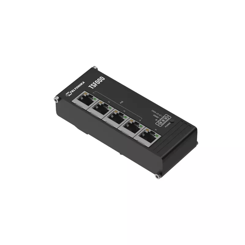 Niezarządzalny przełącznik biurkowy Fast Ethernet PoE Teltonika TSF000 — 5× 10/100 RJ-45, IEEE 802.3af/at, DC 7–57V, czarny