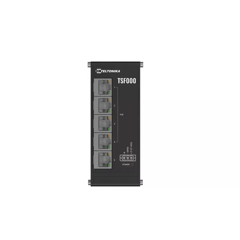 Niezarządzalny przełącznik biurkowy Fast Ethernet PoE Teltonika TSF000 — 5× 10/100 RJ-45, IEEE 802.3af/at, DC 7–57V, czarny