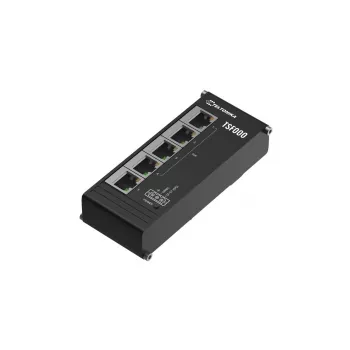 Niezarządzalny przełącznik biurkowy Fast Ethernet PoE Teltonika TSF000 — 5× 10/100 RJ-45, IEEE 802.3af/at, DC 7–57V, czarny