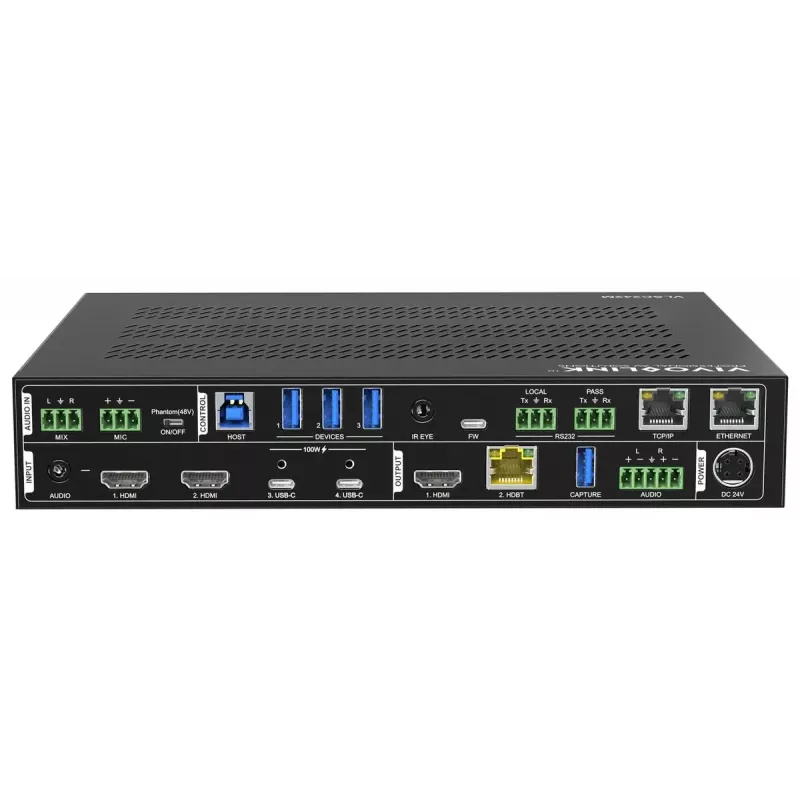 Skaler wideo Vivolink VLSC242M, obudowa metalowa, HDCP 1.4/2.2, AC 110–230V, 250×200×44 mm