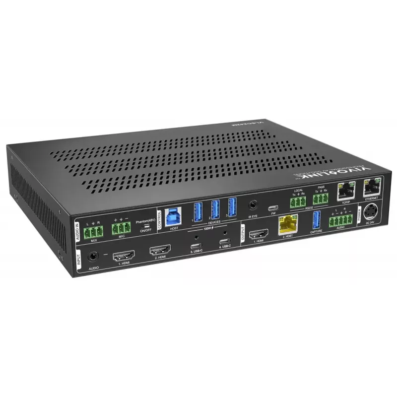 Skaler wideo Vivolink VLSC242M, obudowa metalowa, HDCP 1.4/2.2, AC 110–230V, 250×200×44 mm