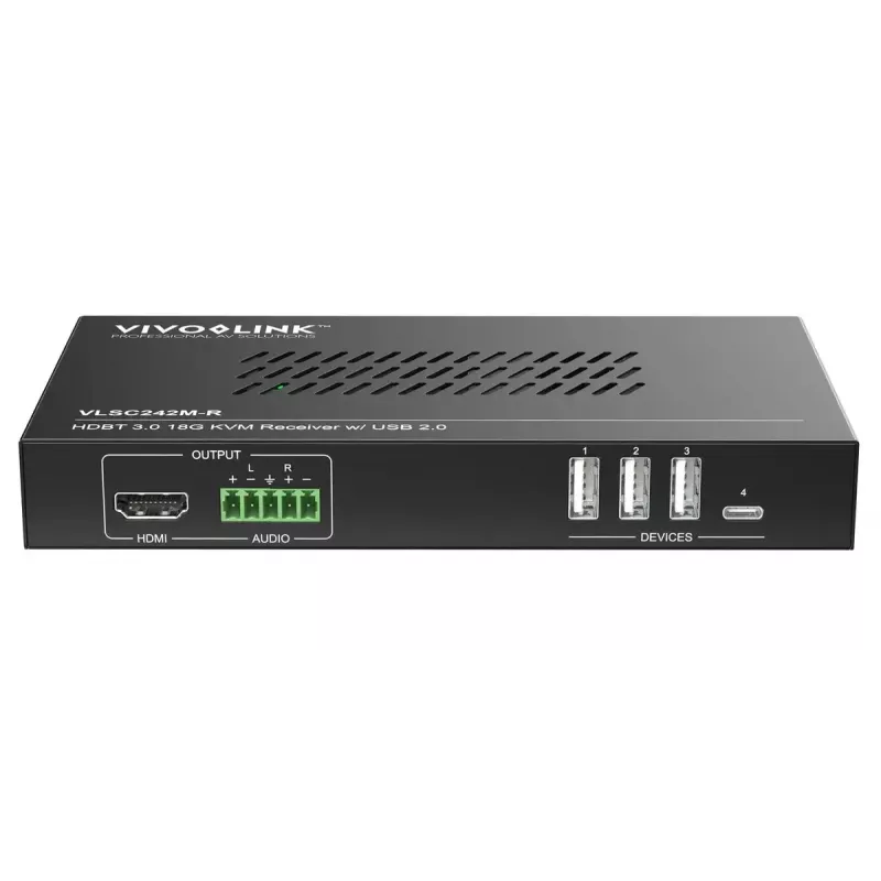 Skaler wideo Vivolink VLSC242M, obudowa metalowa, HDCP 1.4/2.2, AC 110–230V, 250×200×44 mm