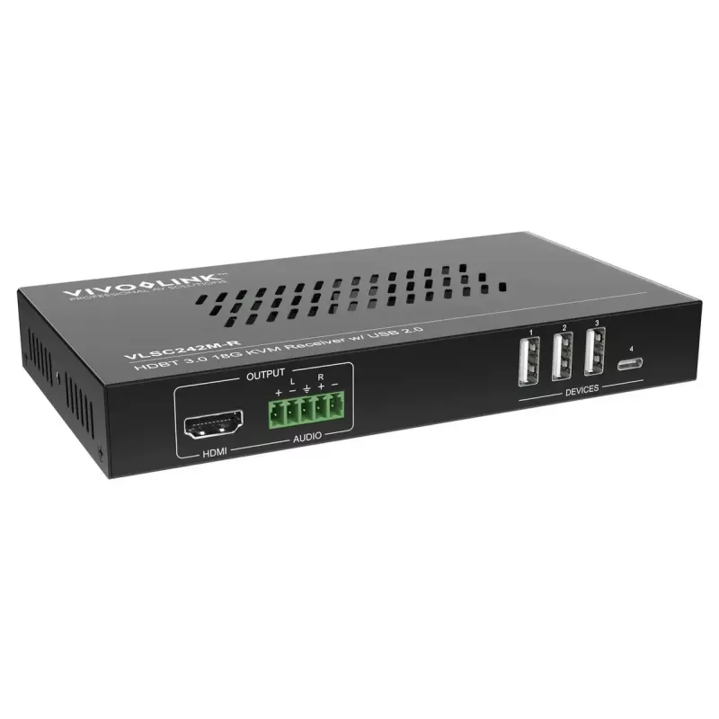 Skaler wideo Vivolink VLSC242M, obudowa metalowa, HDCP 1.4/2.2, AC 110–230V, 250×200×44 mm