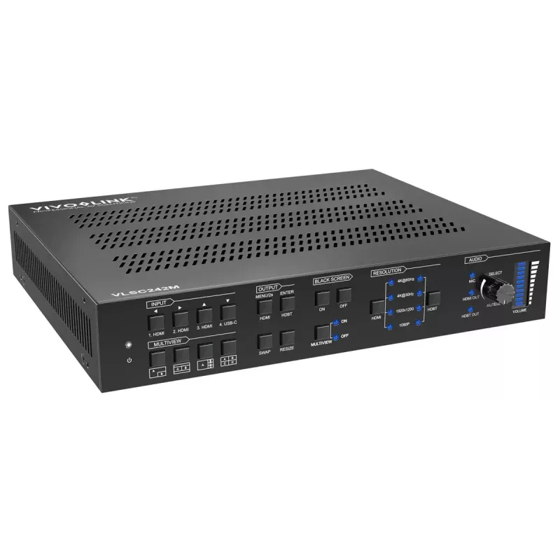 Skaler wideo Vivolink VLSC242M, obudowa metalowa, HDCP 1.4/2.2, AC 110–230V, 250×200×44 mm