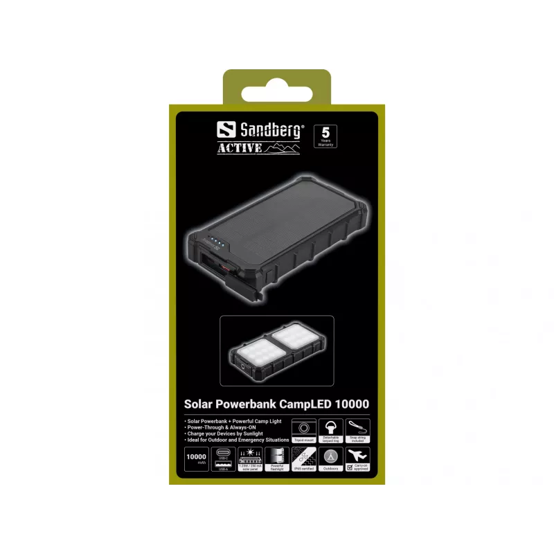 Sandberg Solar Powerbank CampLED 10000, 10000 mAh, programowalne zasilanie (PPS), 3,7 V, 15 W, czarny