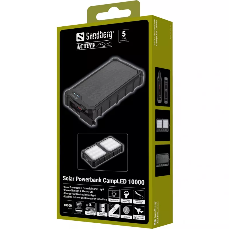 Sandberg Solar Powerbank CampLED 10000, 10000 mAh, programowalne zasilanie (PPS), 3,7 V, 15 W, czarny