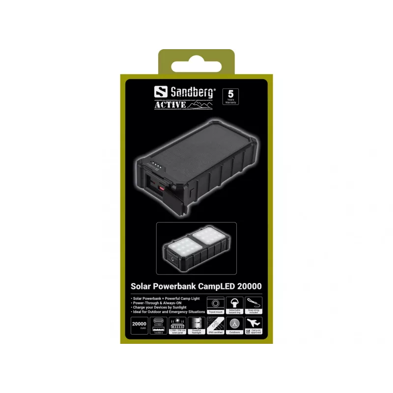 Sandberg Solar Powerbank CampLED 20000, 20000 mAh, Programowalny zasilacz (PPS), 3,7 V, 15 W, Czarny