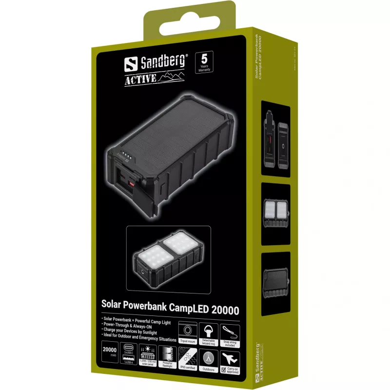 Sandberg Solar Powerbank CampLED 20000, 20000 mAh, Programowalny zasilacz (PPS), 3,7 V, 15 W, Czarny